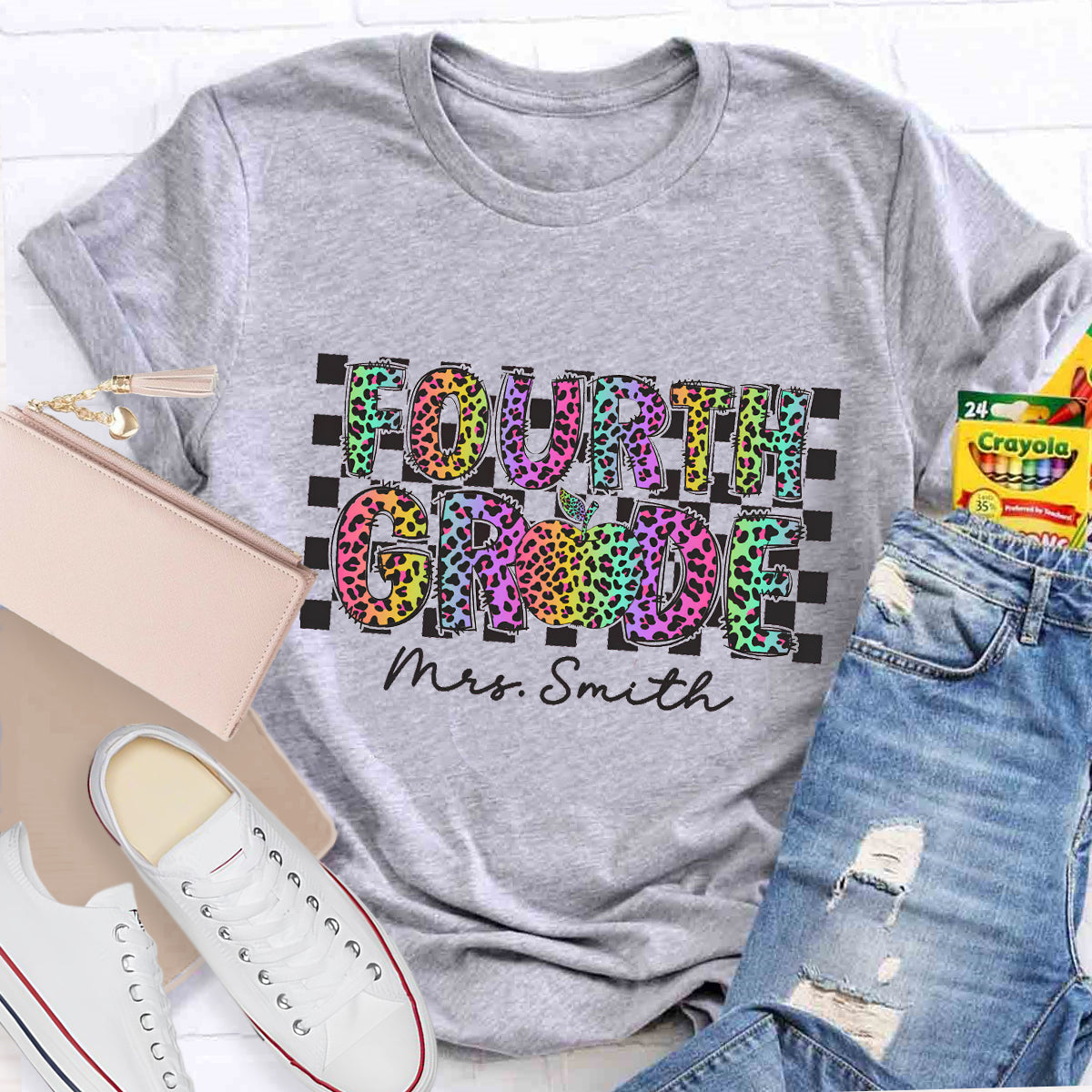 Personalized Grade And Name Colorful Leopard Print Teacher T-Shirt
