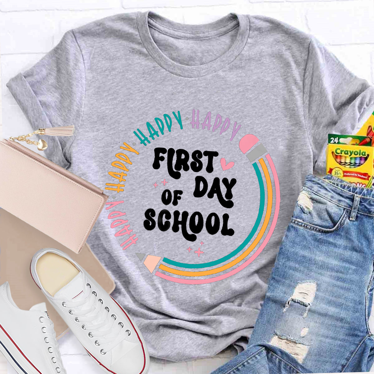 Happy First Day Of School Pencil Circle Teacher T-Shirt