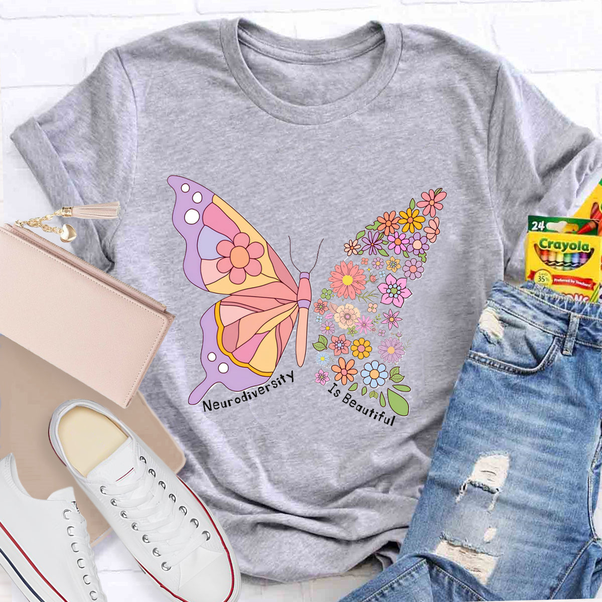 Neurodiversity Is Beautiful Floral Butterfly Teacher T-Shirt