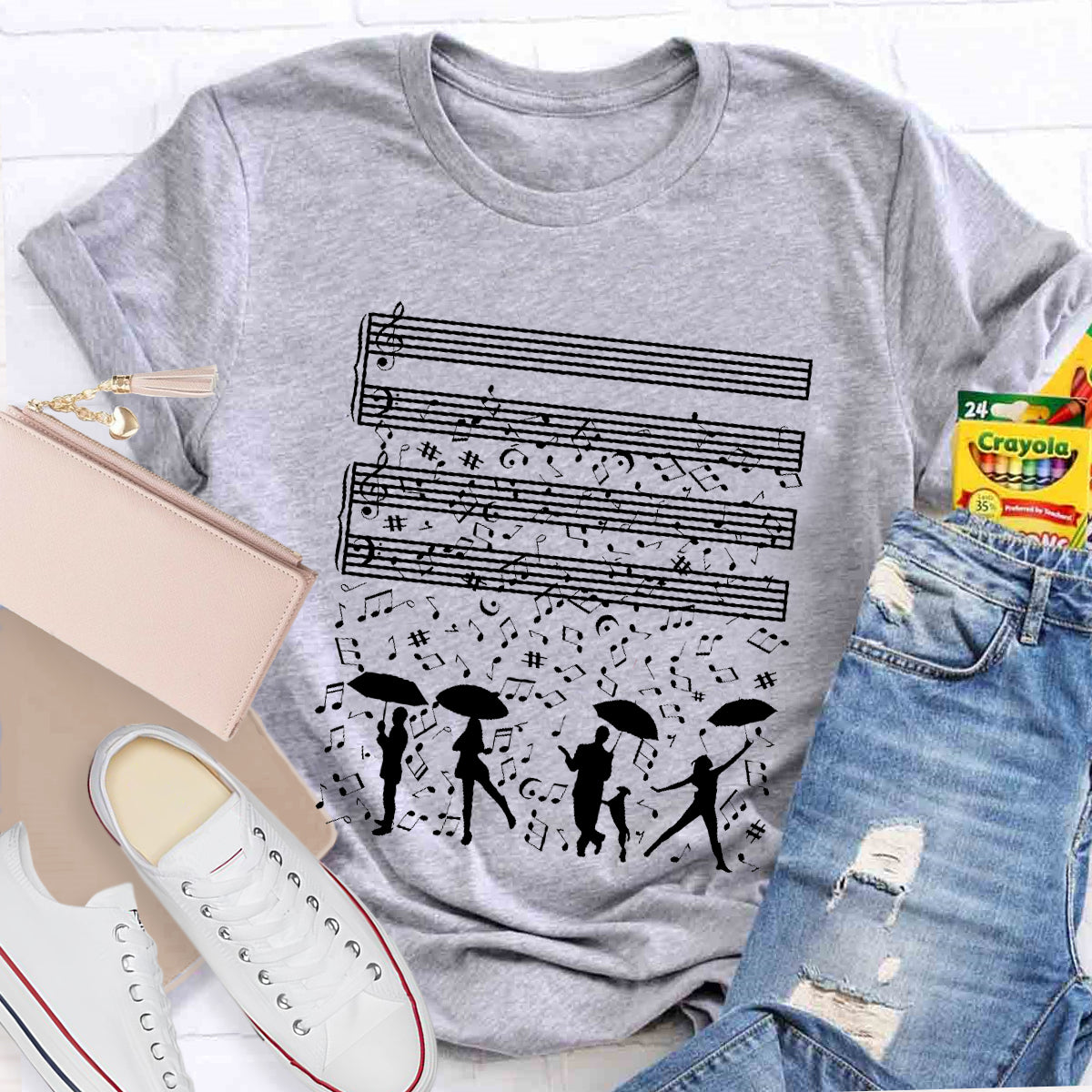 Dancing On The Rainy Night Under The Musical Notes Teacher T-Shirt