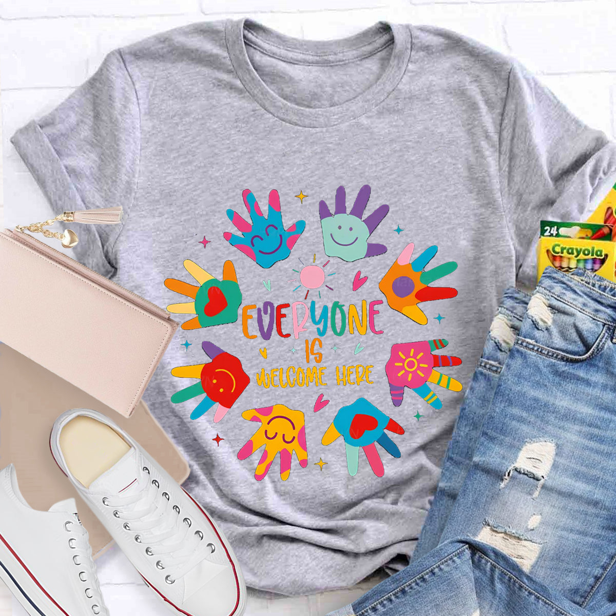 Everyone Is Welcome Here Colorful Hands Teacher T-Shirt