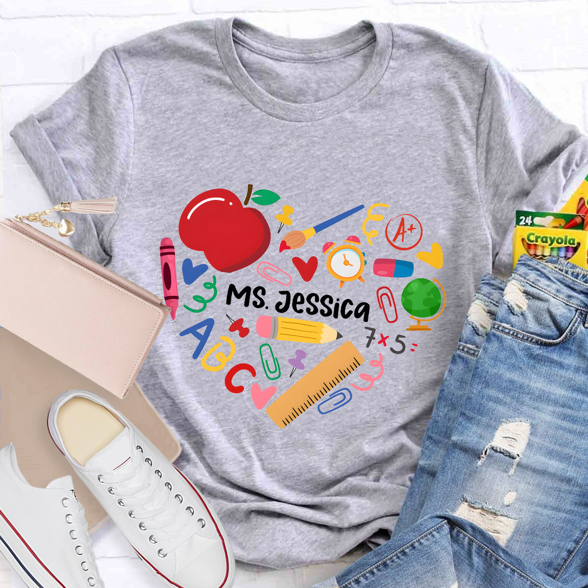 Personalized Name Apple And Heart Teacher T-Shirt