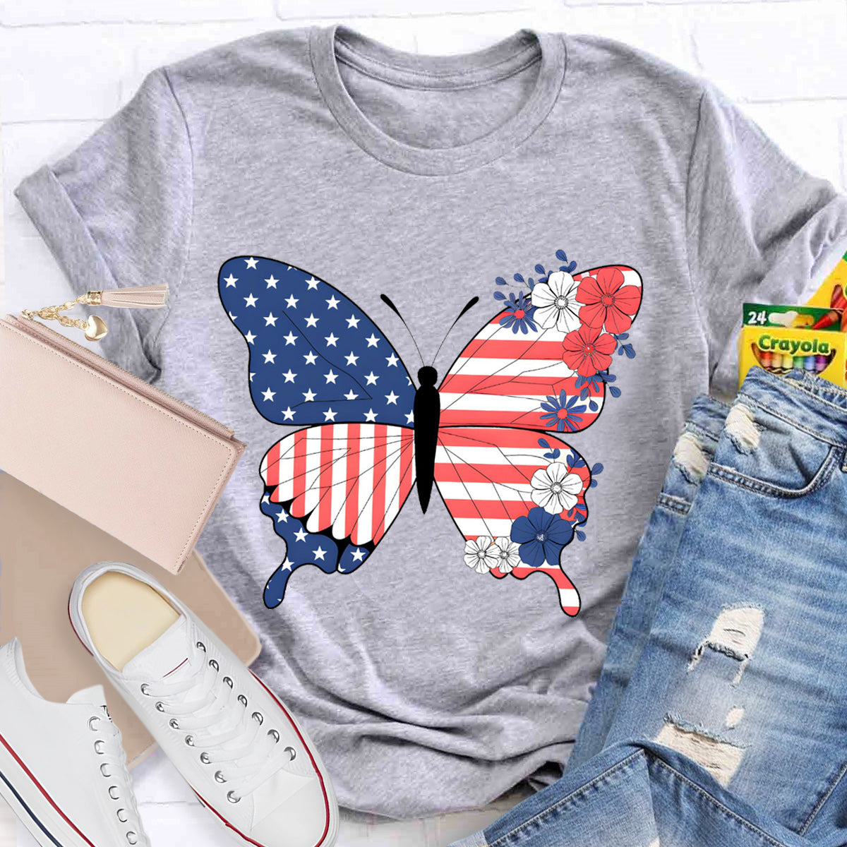 American Flag Butterfly Teacher T-Shirt