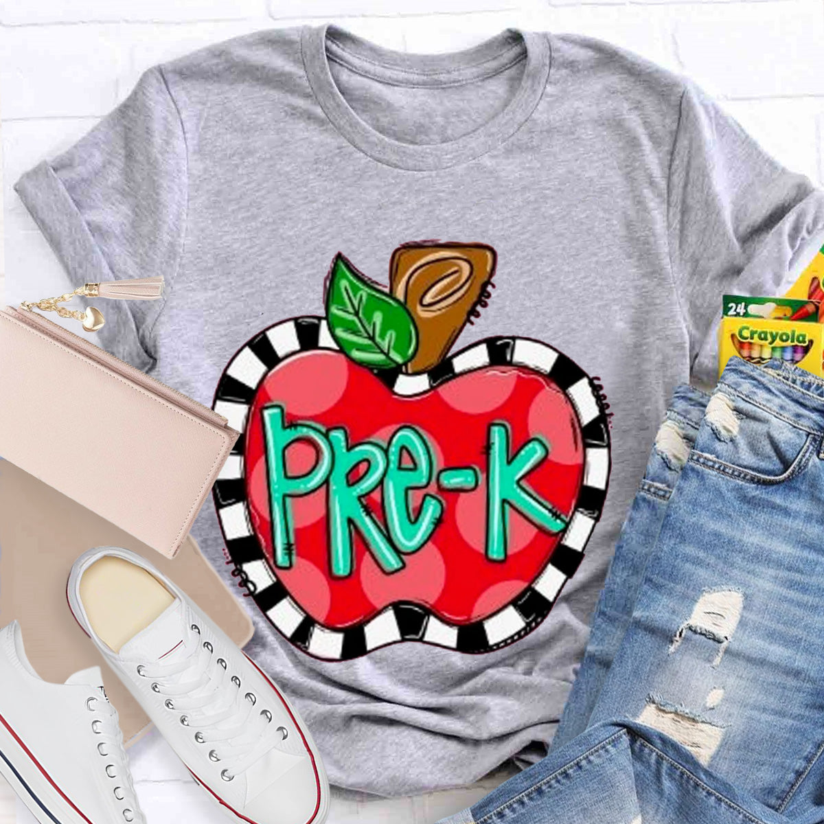 Personalized Grade Teacher Color Block  Apple Printed T-Shirt