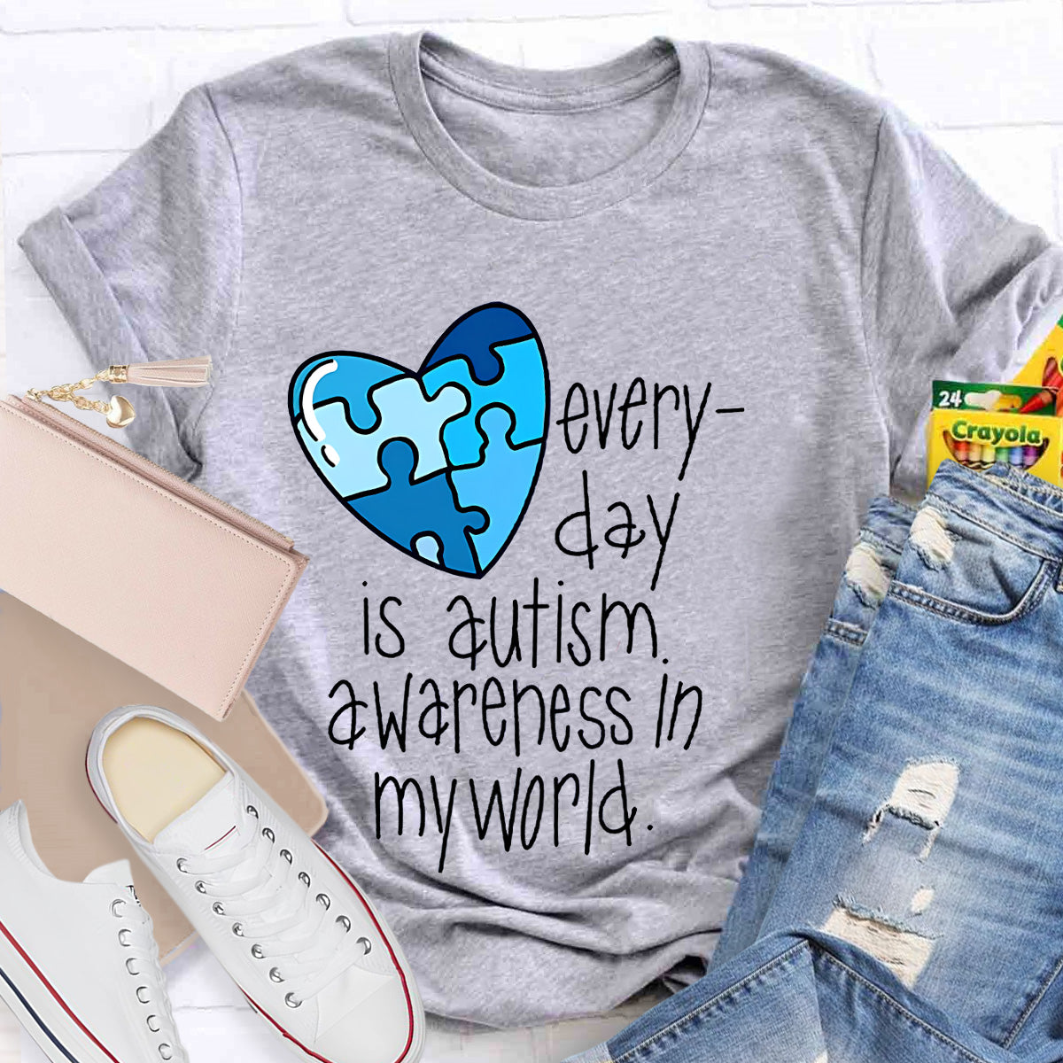 Blue Heart Awareness In My World Teacher T-Shirt