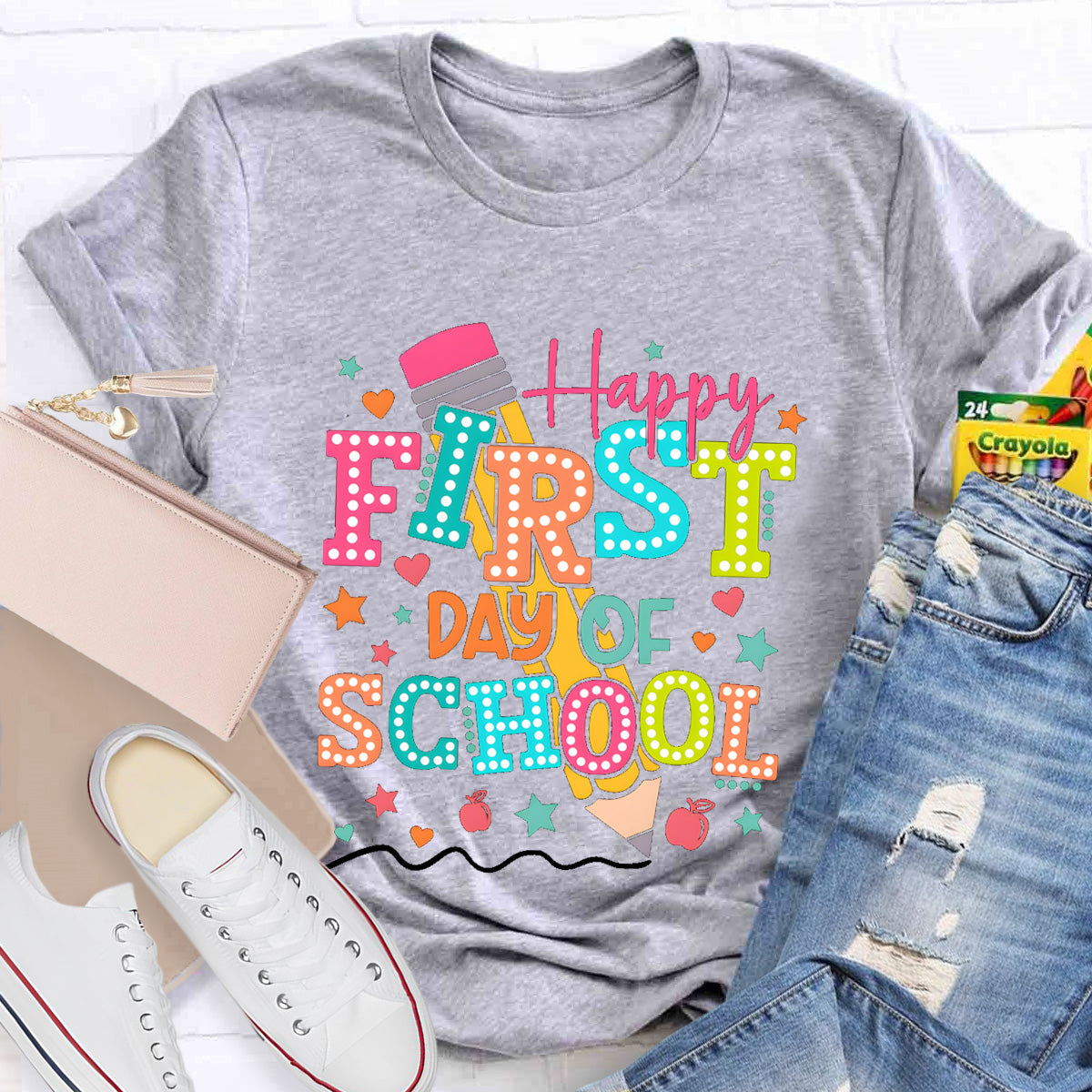 Pencil Dot Happy First Day Of School Teacher T-Shirt