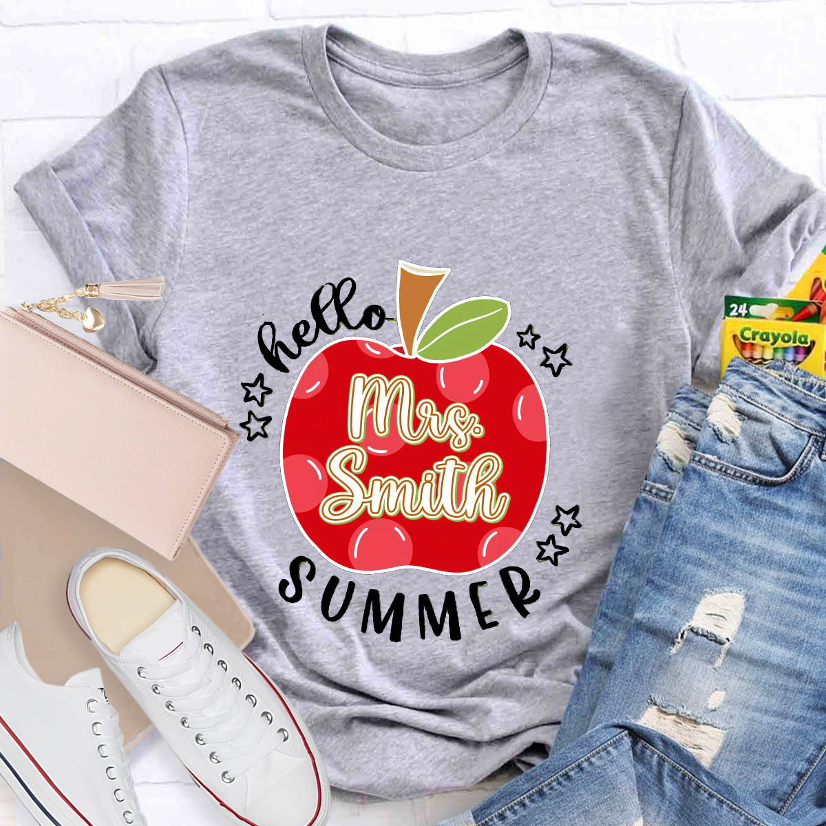 Personalized Name Apple Hello Summer Teacher T-Shirt