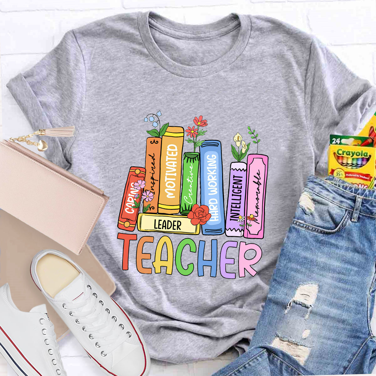 Caring Motivated Floral Books Teacher T-Shirt