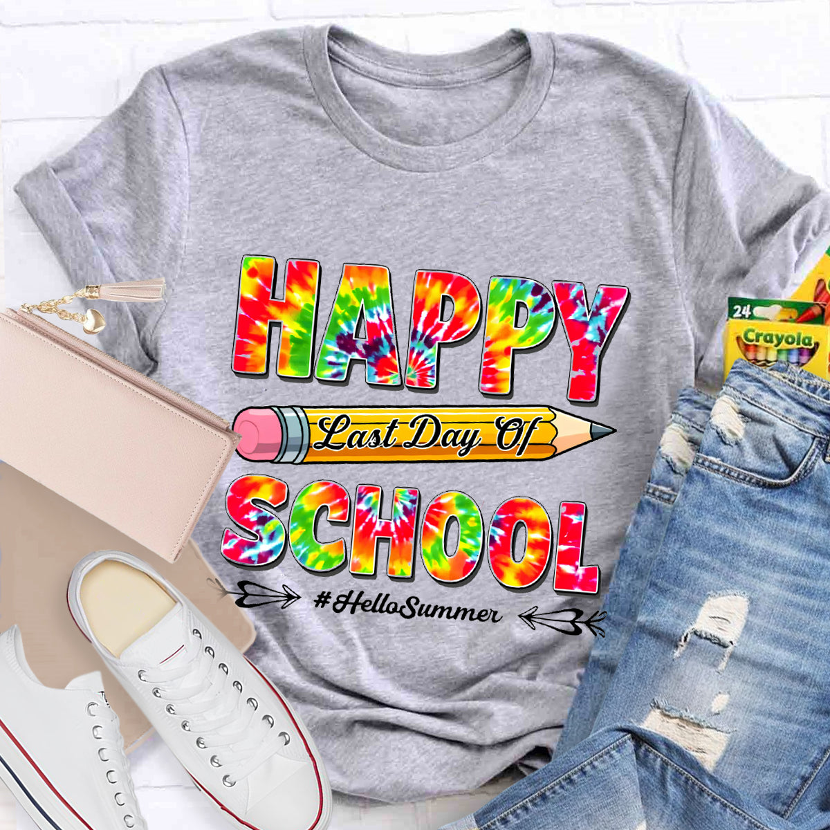Happy Last Day Of School Hello Summer Colorful Pencil Teacher T-Shirt