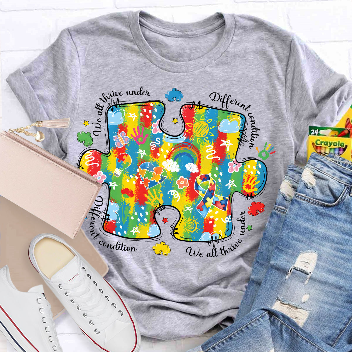 We All Think Under Different Condition Rainbow Puzzle Teacher T-Shirt