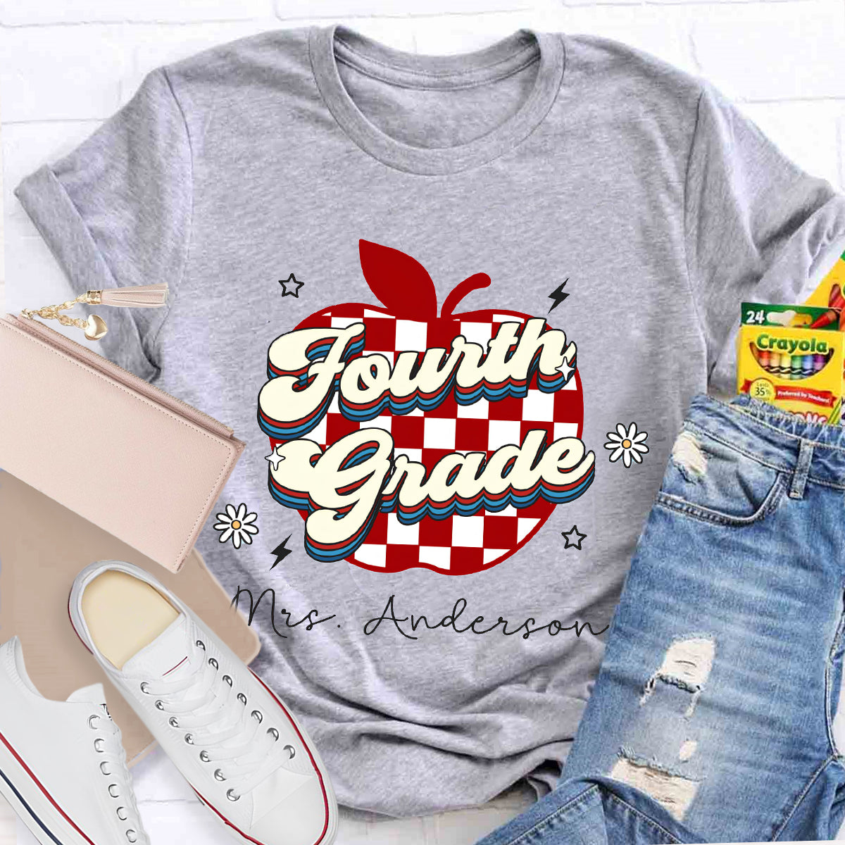 Personalized Grade And Name Apple Chessboard Pattern T-Shirt