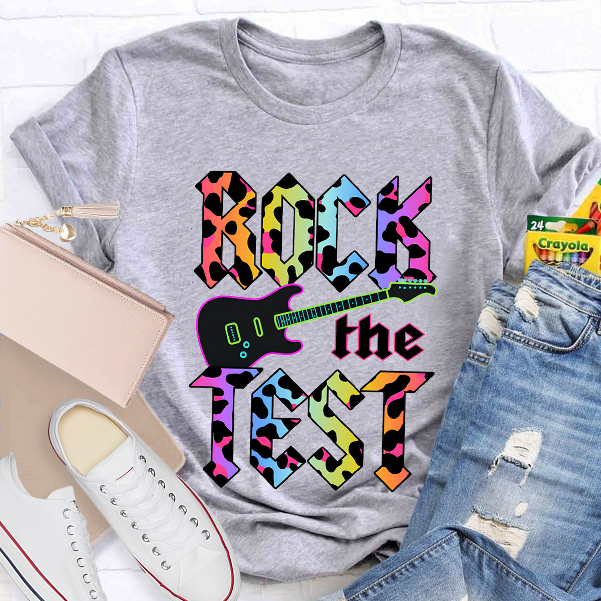 Rock The Test Colorful Leopard Print Teacher T-Shirt