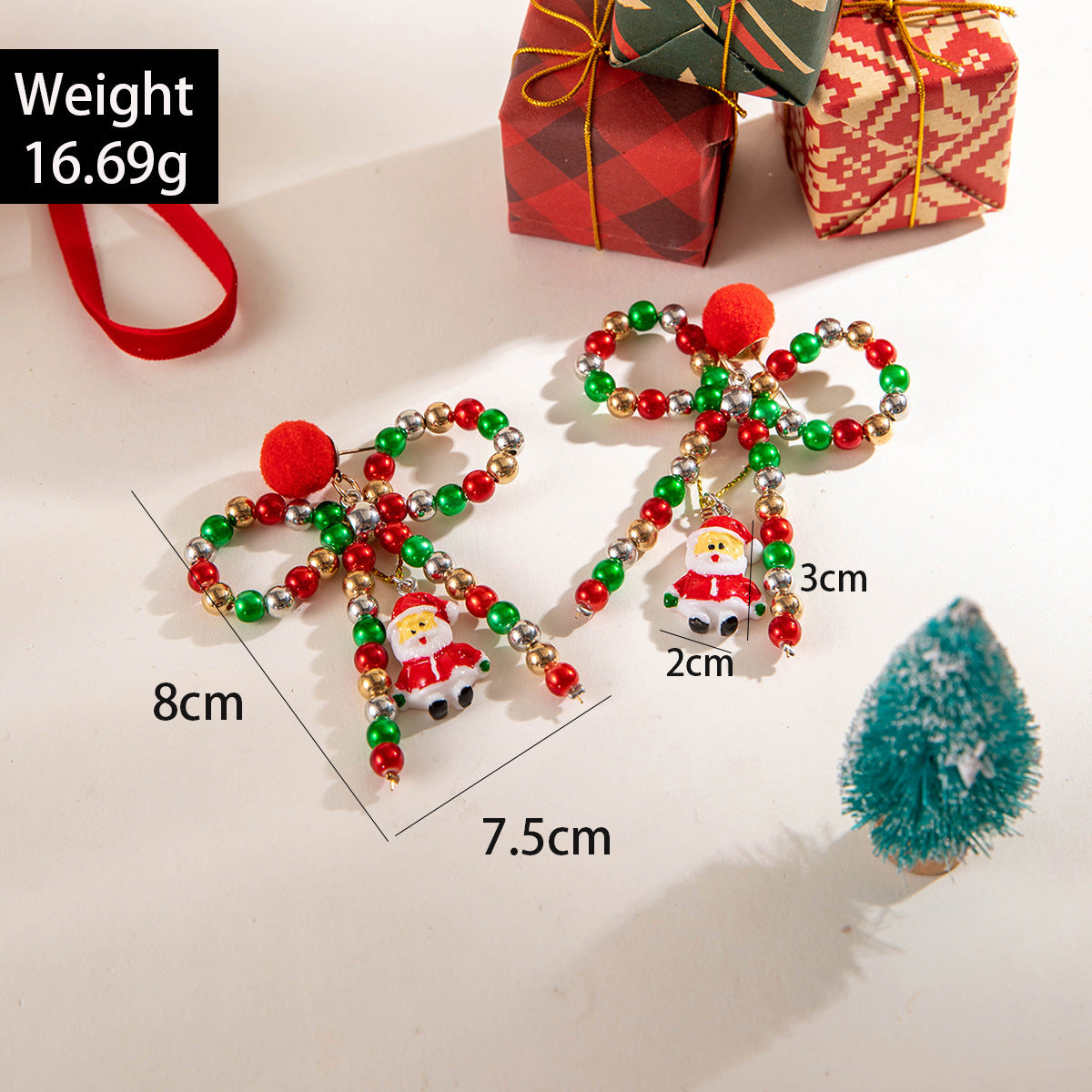 Colorful Beaded Bow Fur Santa Claus Earrings
