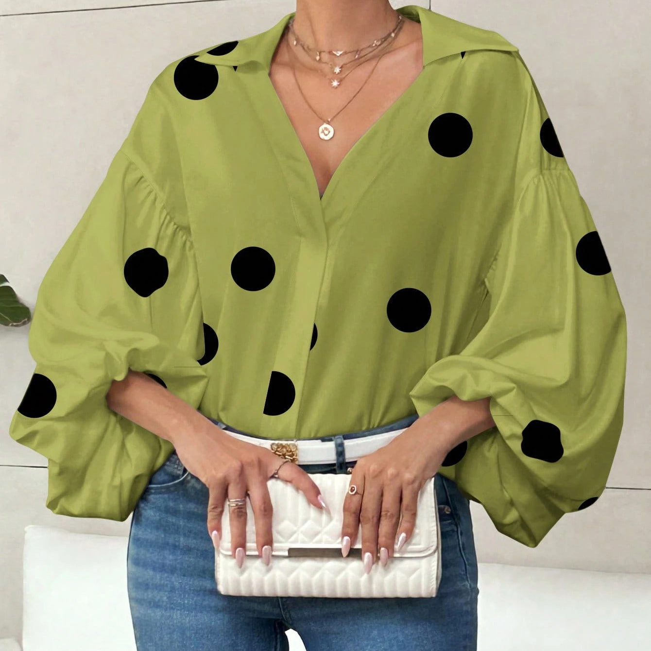 French Polka Dot Half-Open Collar Design Loose Puff Sleeve Shirt