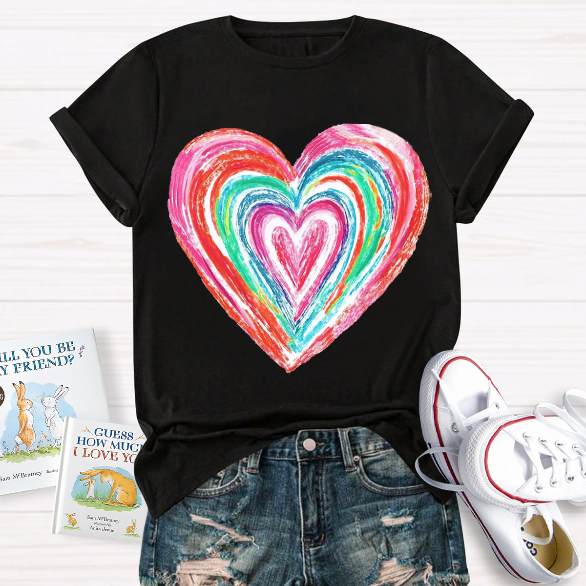 Valentines Colorful Rainbow Heart Teacher T-Shirt