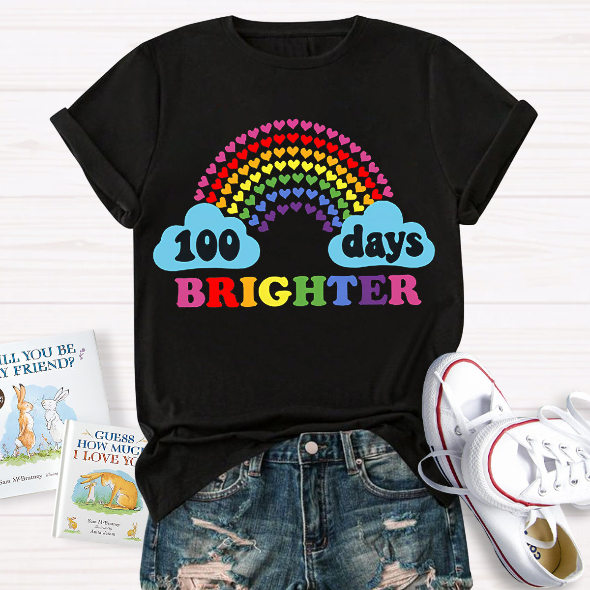 100 Days Brighter Heart Rainbow Teacher T-Shirt