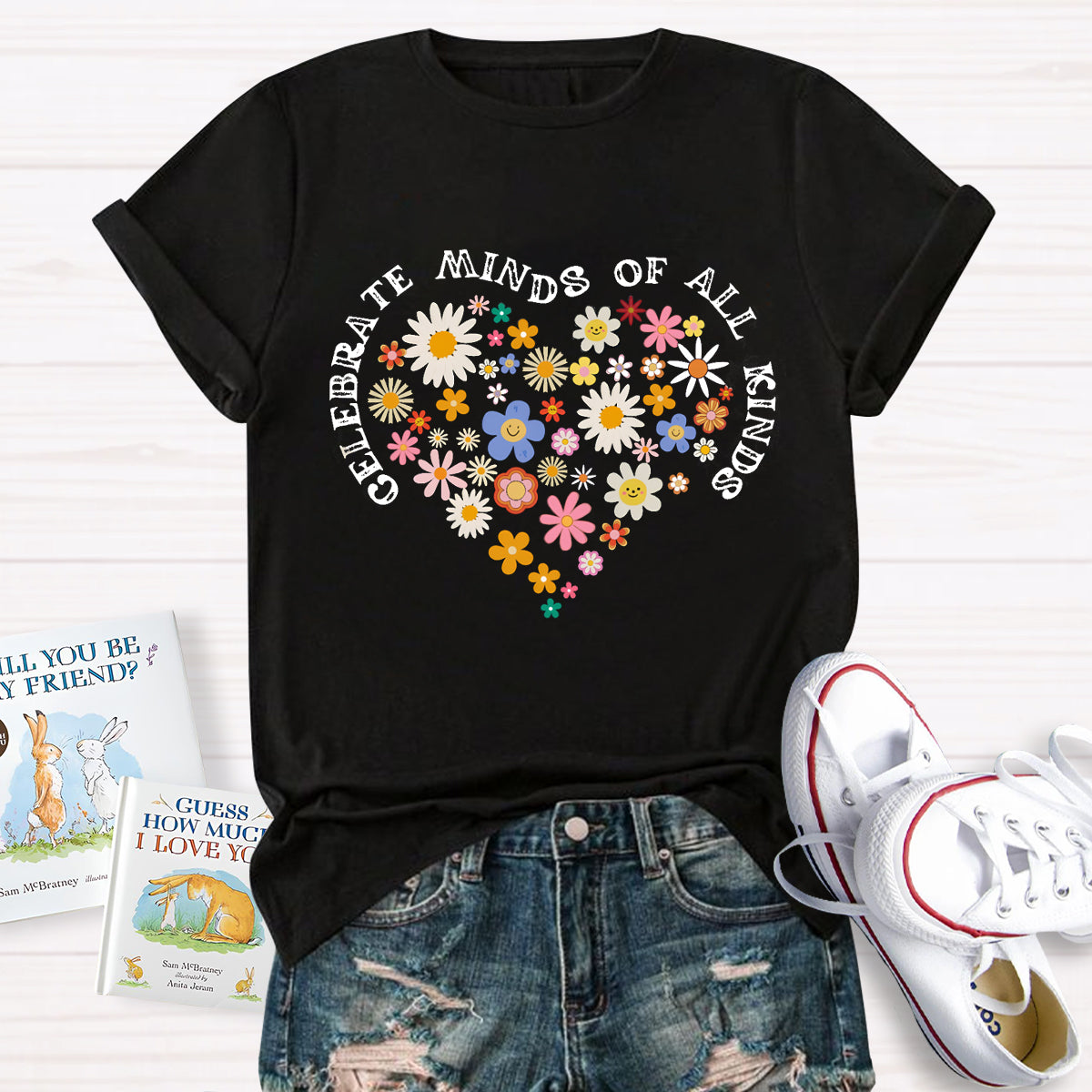 Celebrate Minds of All Kinds Floral Heart T-Shirt