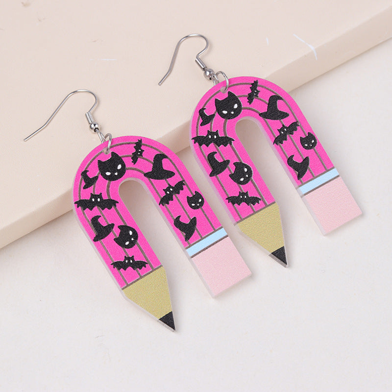 Ghost U-Shaped Pencil Spider Pumpkin Earrings