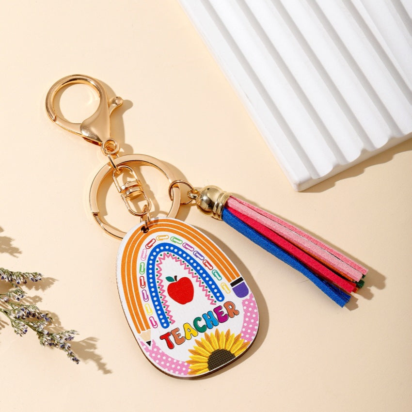 Rainbow Wooden Tassel Pendant Keychain