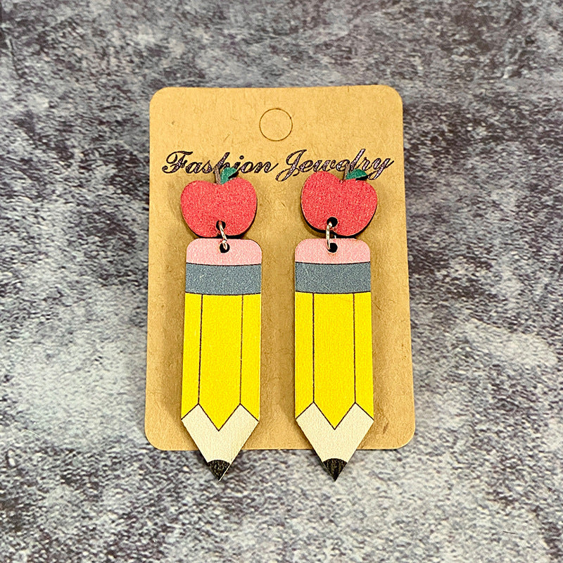 Leopard Print Pencil And Apple Patchwork Earrings