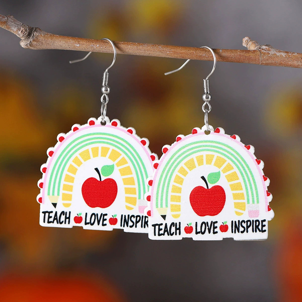 Back-to-school pencils, apples, rainbows, love rulers, acrylic earrings