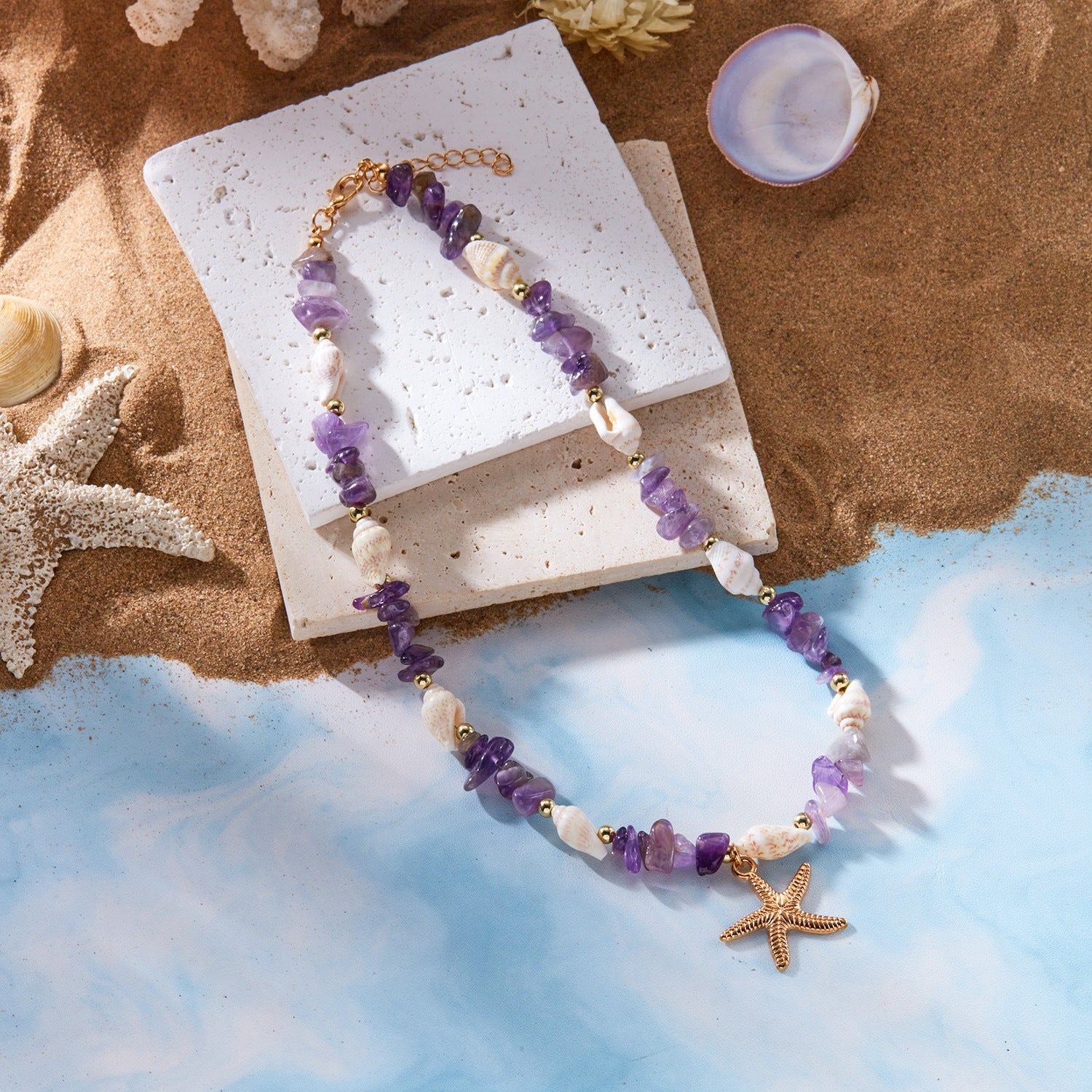 Bohemian-Style Starfish Jewelry Summer Beach-Themed Crushed Stone Starfish And Conch Necklace