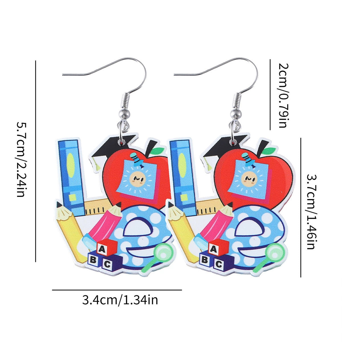 Back-to-school pencils, apples, rainbows, love rulers, acrylic earrings