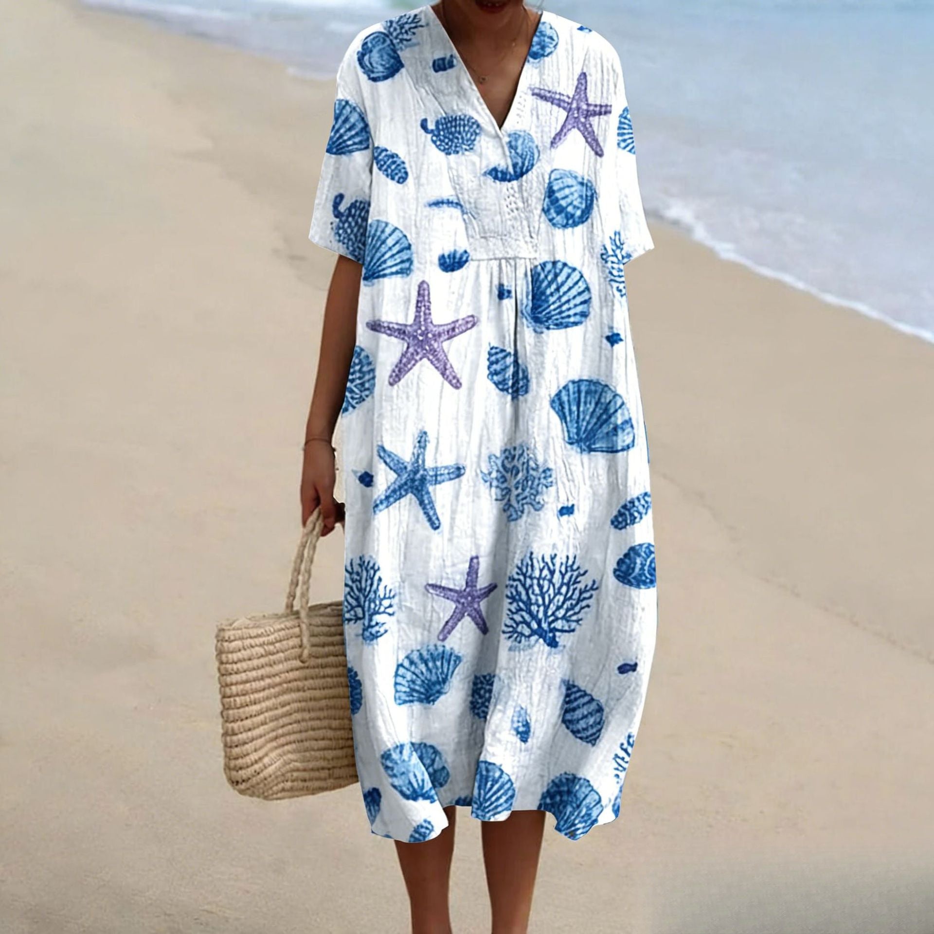 Starfish Seashell Coral Teacher V-neck Resort Dress
