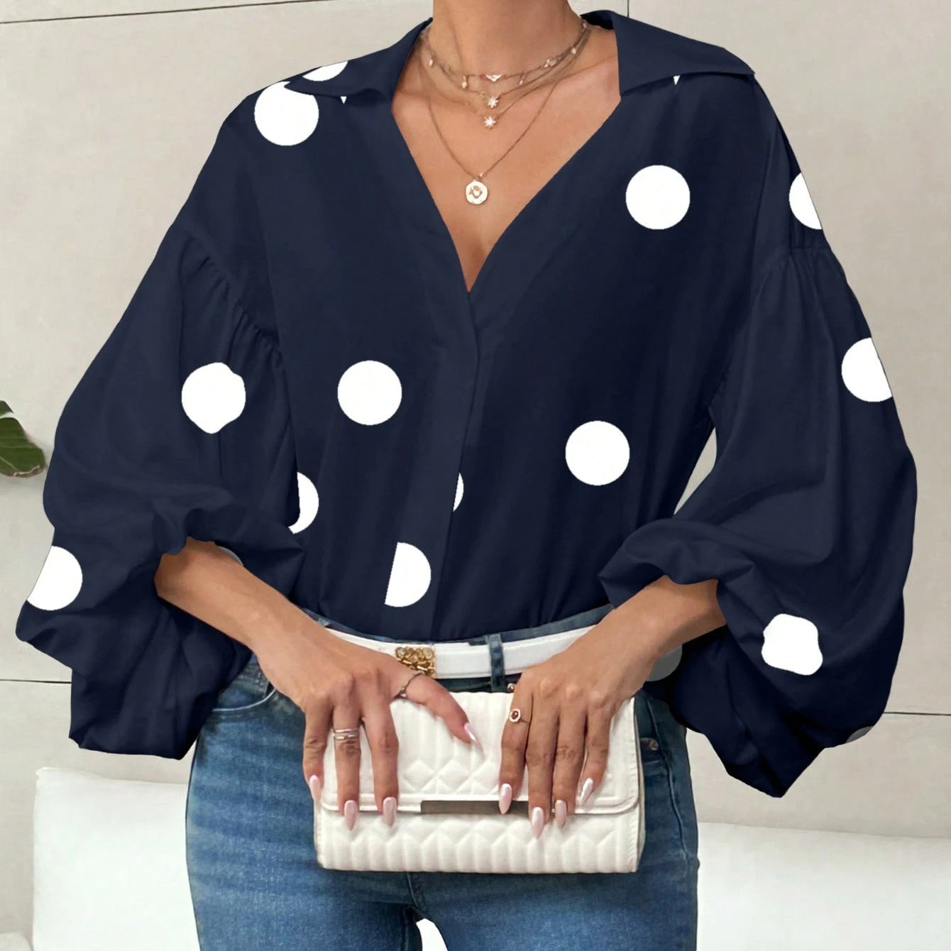 French Polka Dot Half-Open Collar Design Loose Puff Sleeve Shirt
