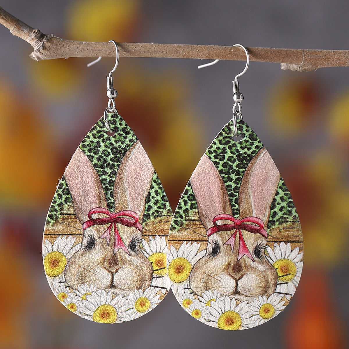 Rabbit Heart-Shaped Leopard Print Turquoise Easter Earrings