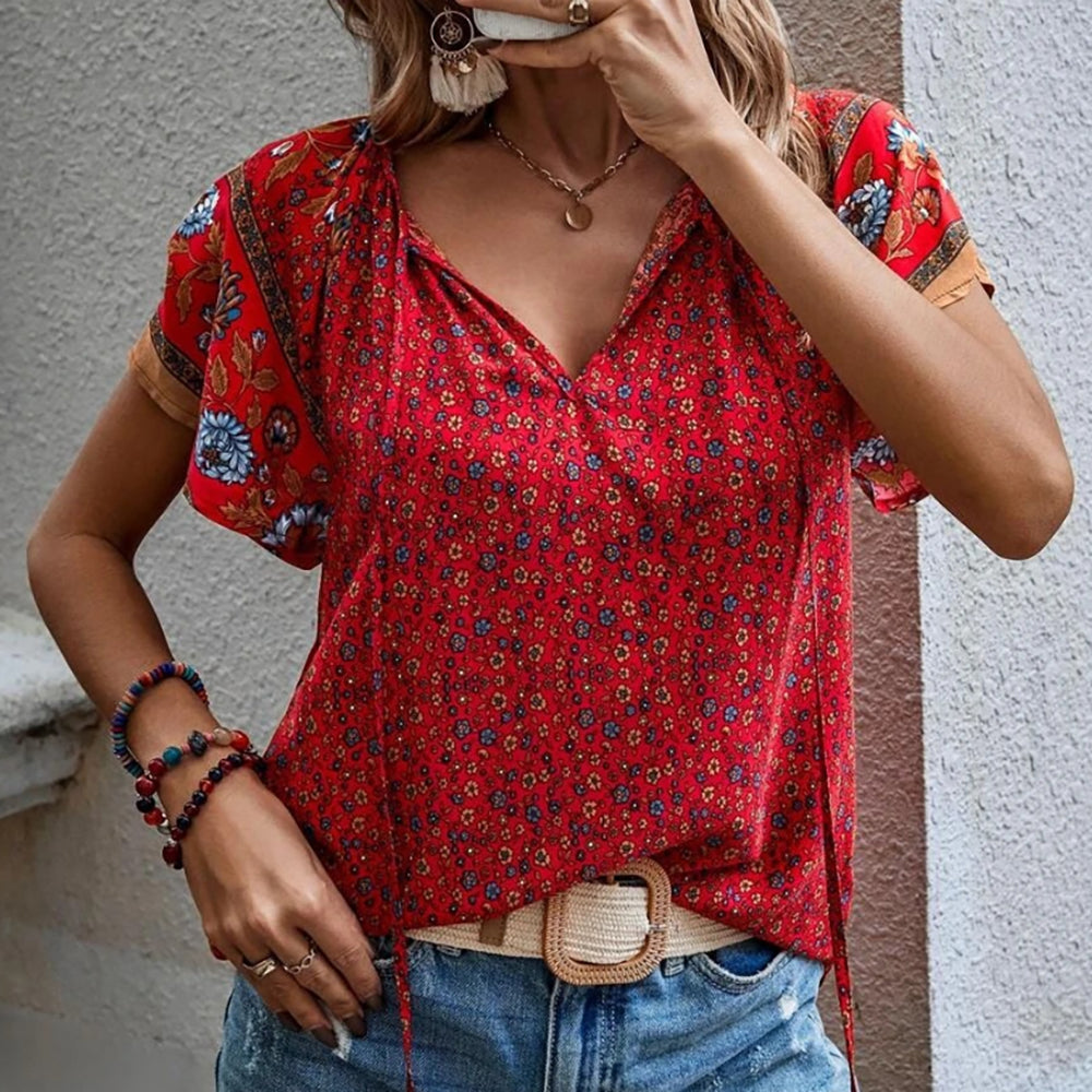 Casual Ethnic Print V-Neck Short-Sleeved Loose Shirt