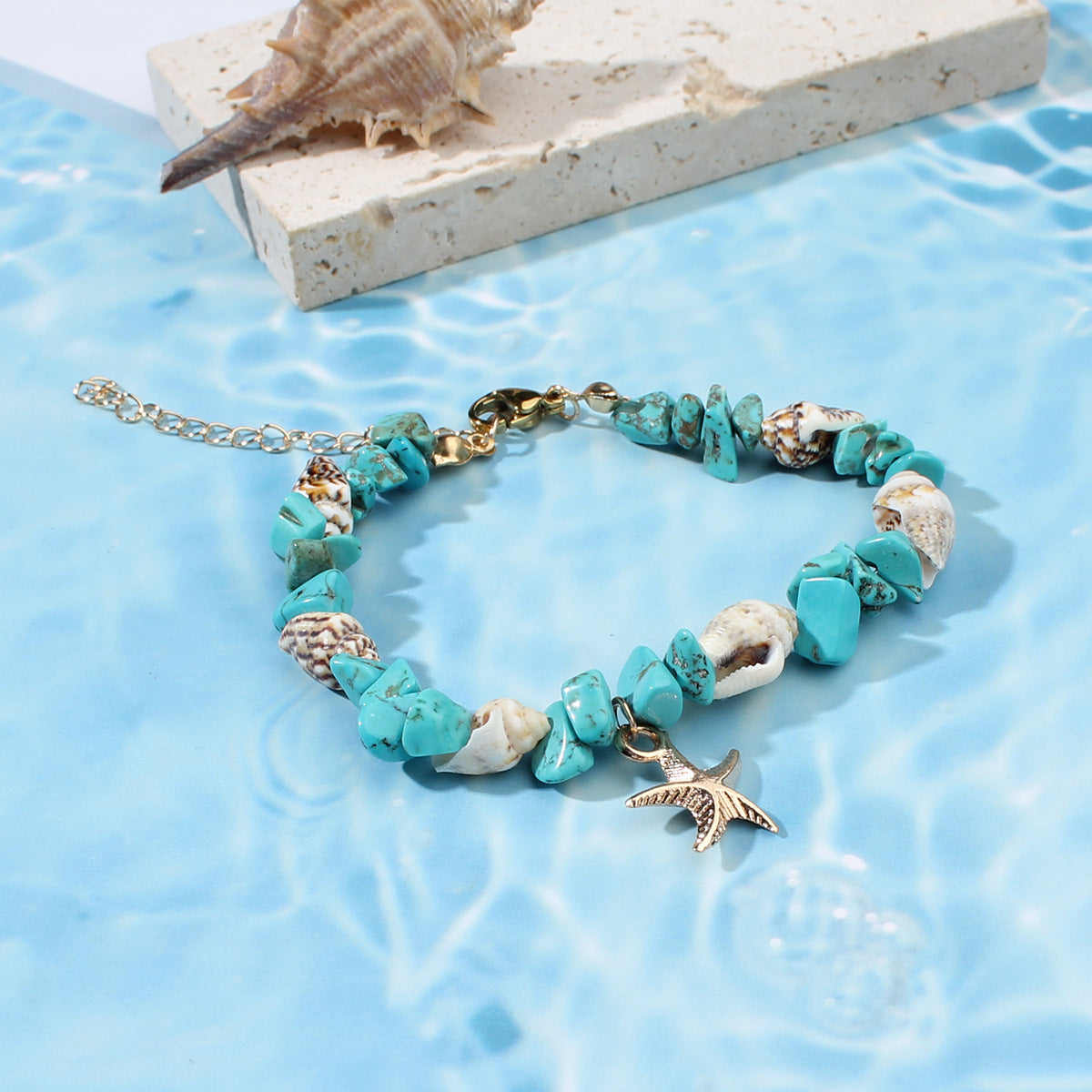 Starfish Conch Blue Bead And Seed Bead Necklace & Bracelet Set