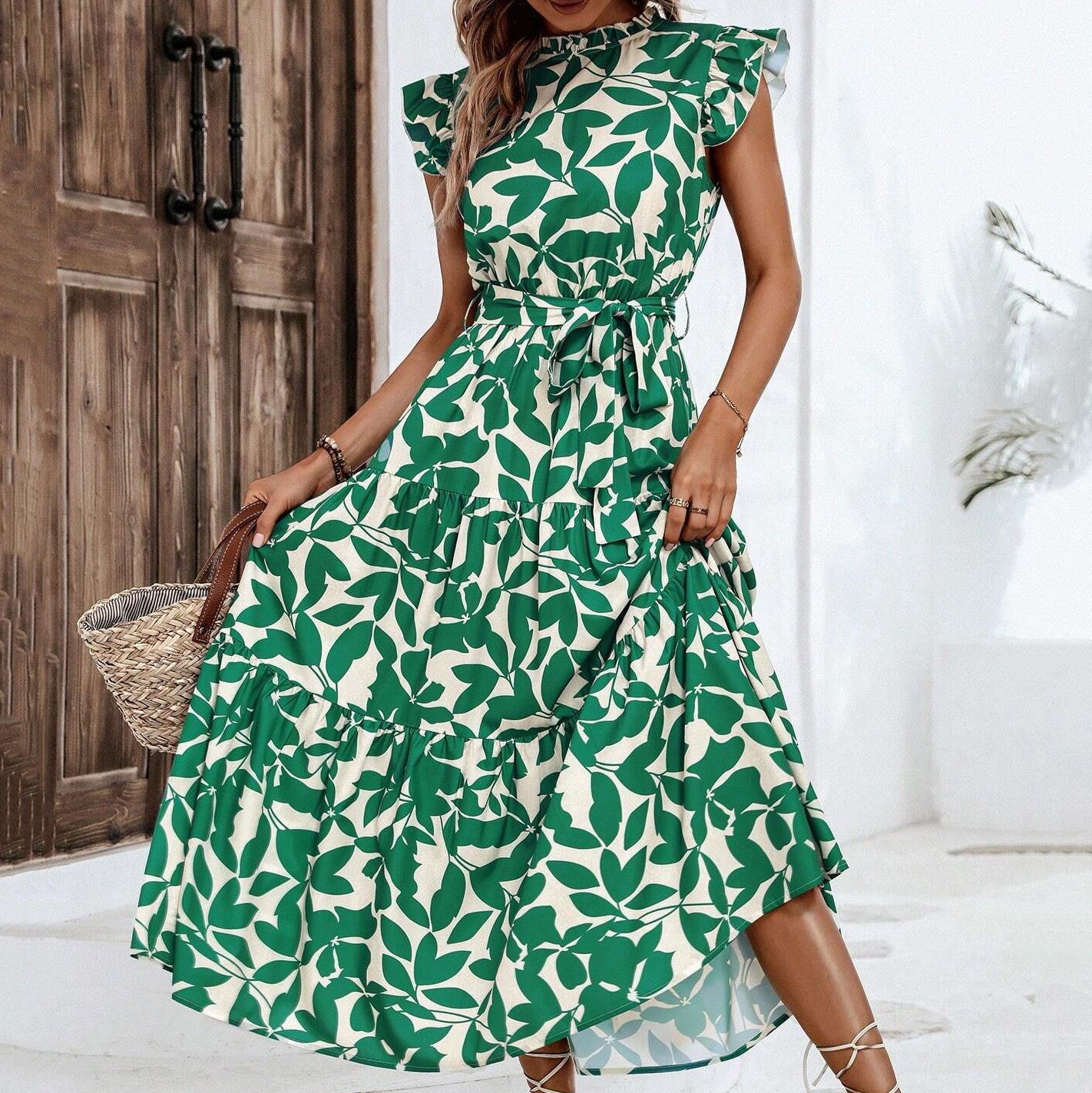 Ruffled Trim Flutter Sleeves Tie-Up Detail Printed Fairy Dress