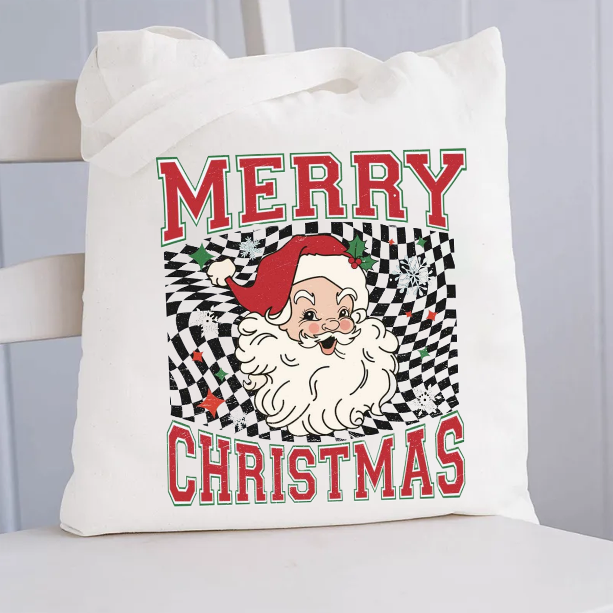 Merry Christmas Plaid Print Santa Canvas Tote Bag