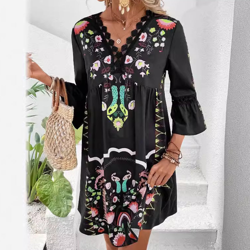 V-Neck Floral Polyester Dress with Lace Detail