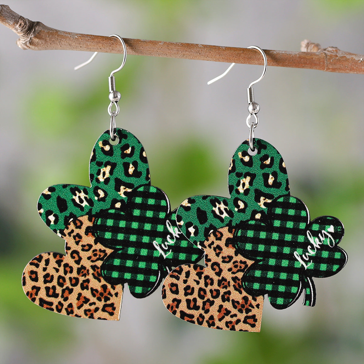 Checkered Heart-Shaped Four-Leaf Clover Earrings