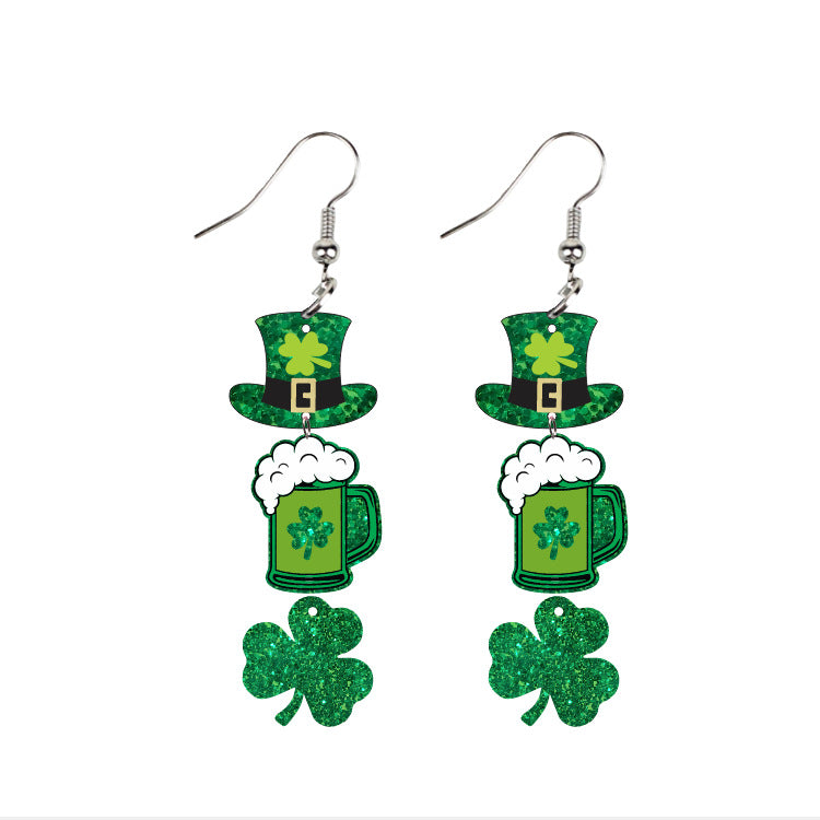 Unique Green Acrylic Glitter Clover Lucky Charm Earrings