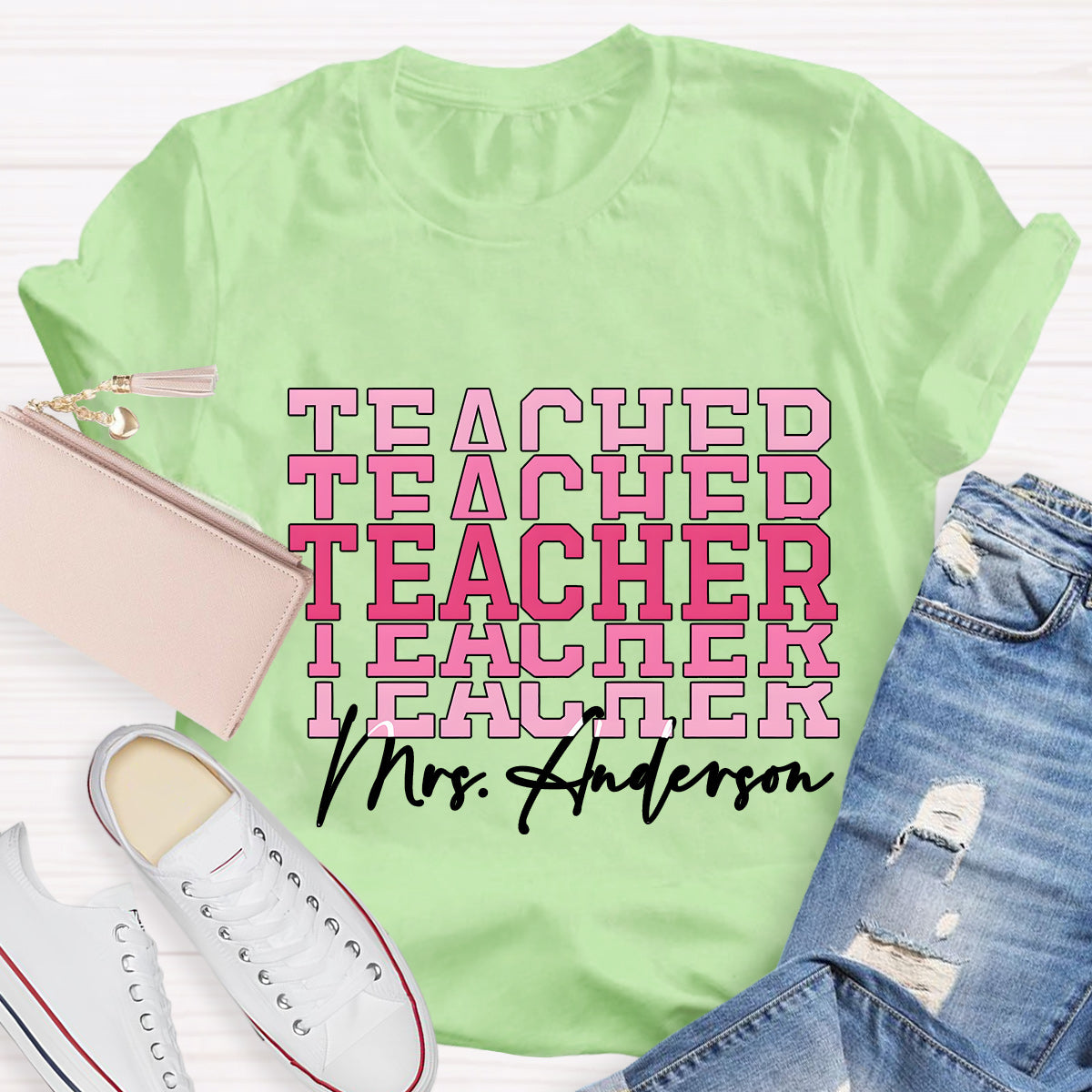Personalize Name Pink Teacher T-Shirt