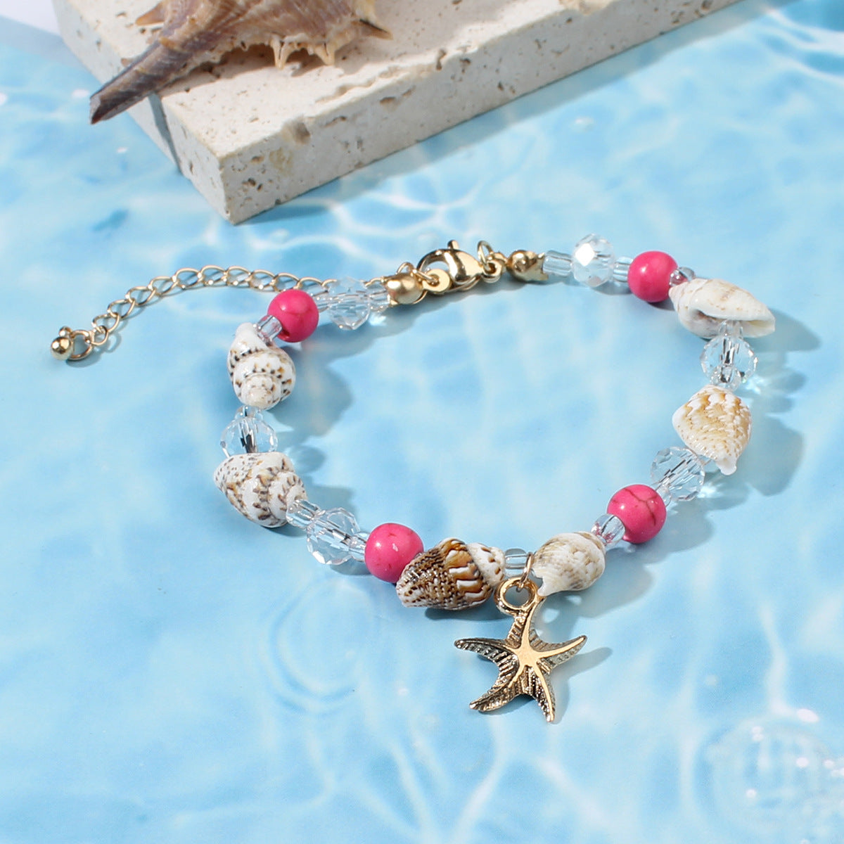 Starfish Conch Blue Bead And Seed Bead Necklace & Bracelet Set
