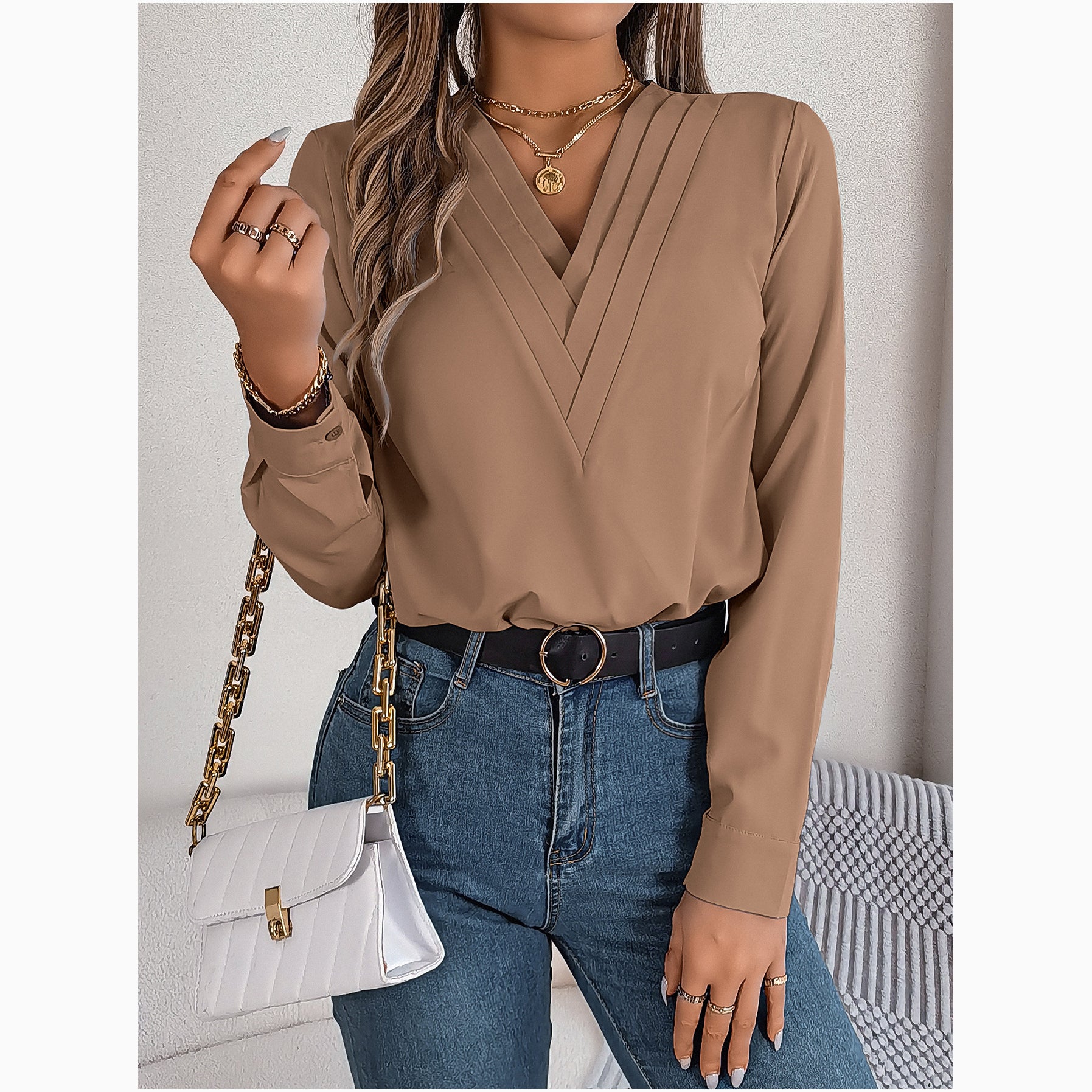 Layered V-Neck Long-Sleeved Shirt