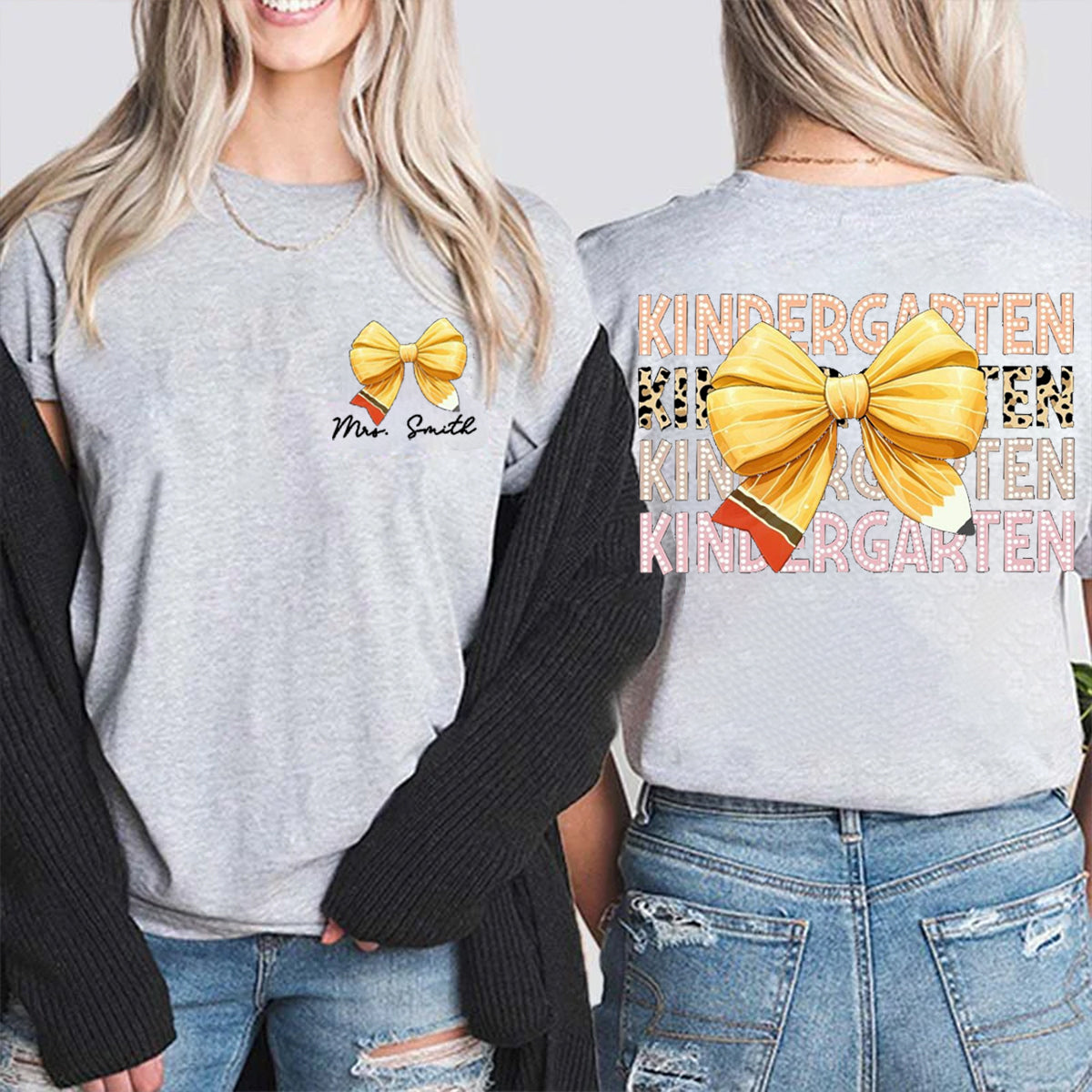 Personalized Grade And Name Pink Bow Double Printed T-shirt
