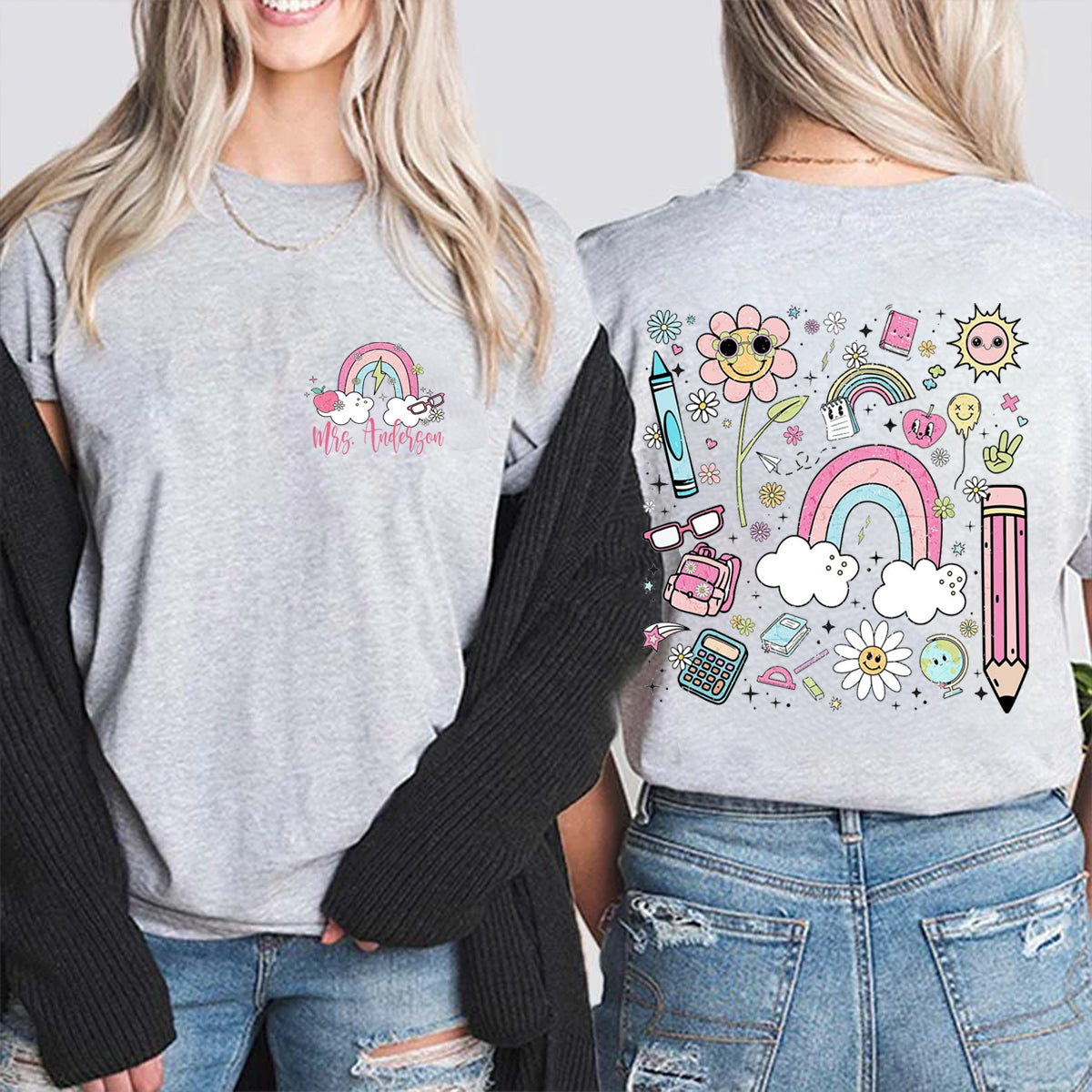 Personalized Name Pink Rainbow Pencil Double Printed T-shirt