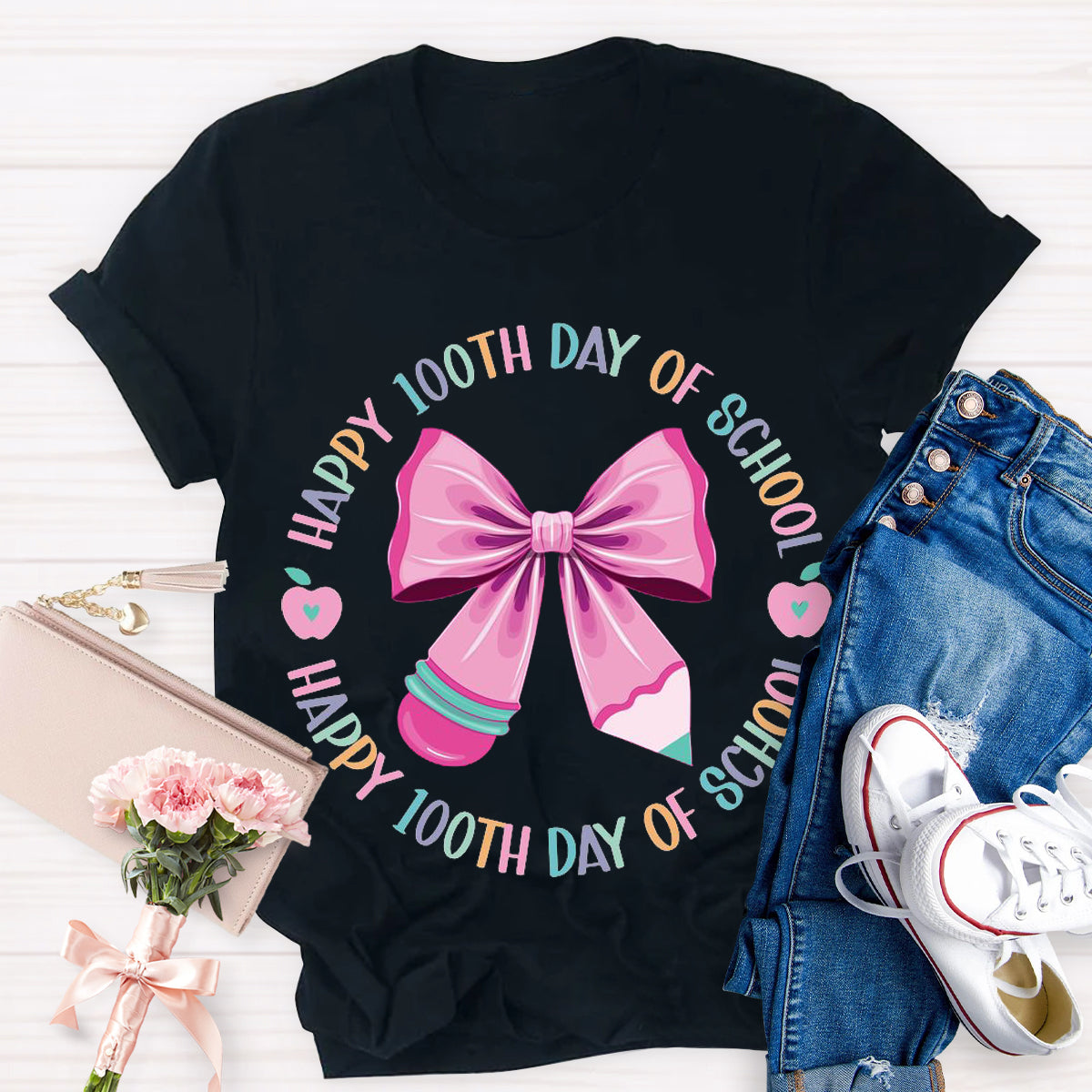 Happy 100th Days Of School Pink Bow Teacher T-Shirt