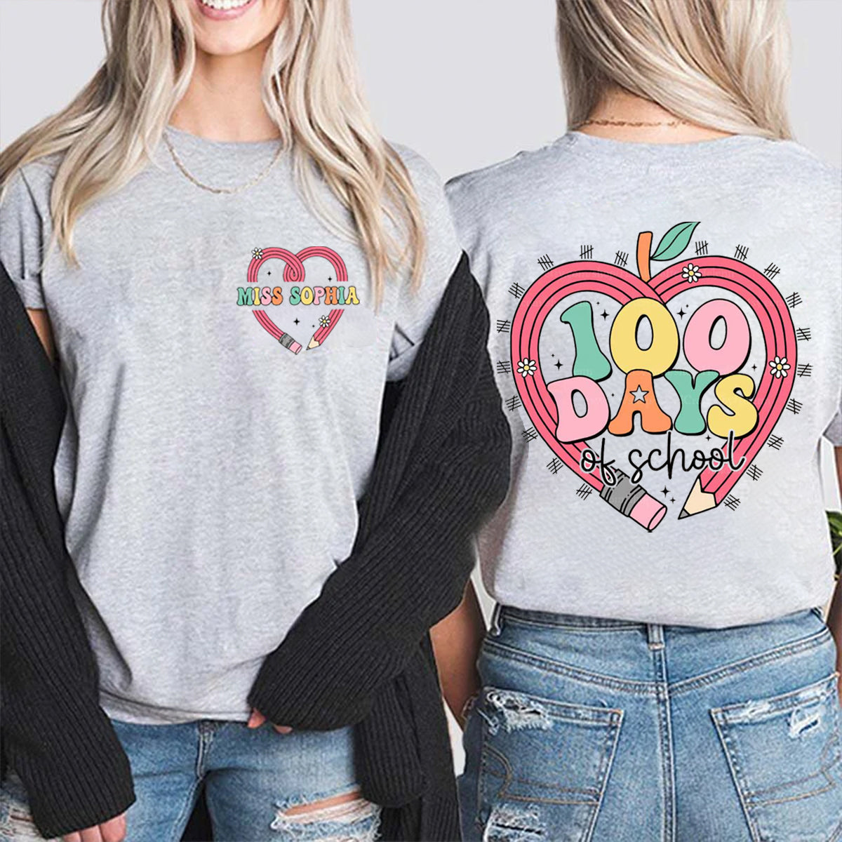 Personalized Name 100 Days Of School Pencil Heart Double Printed T-shirt