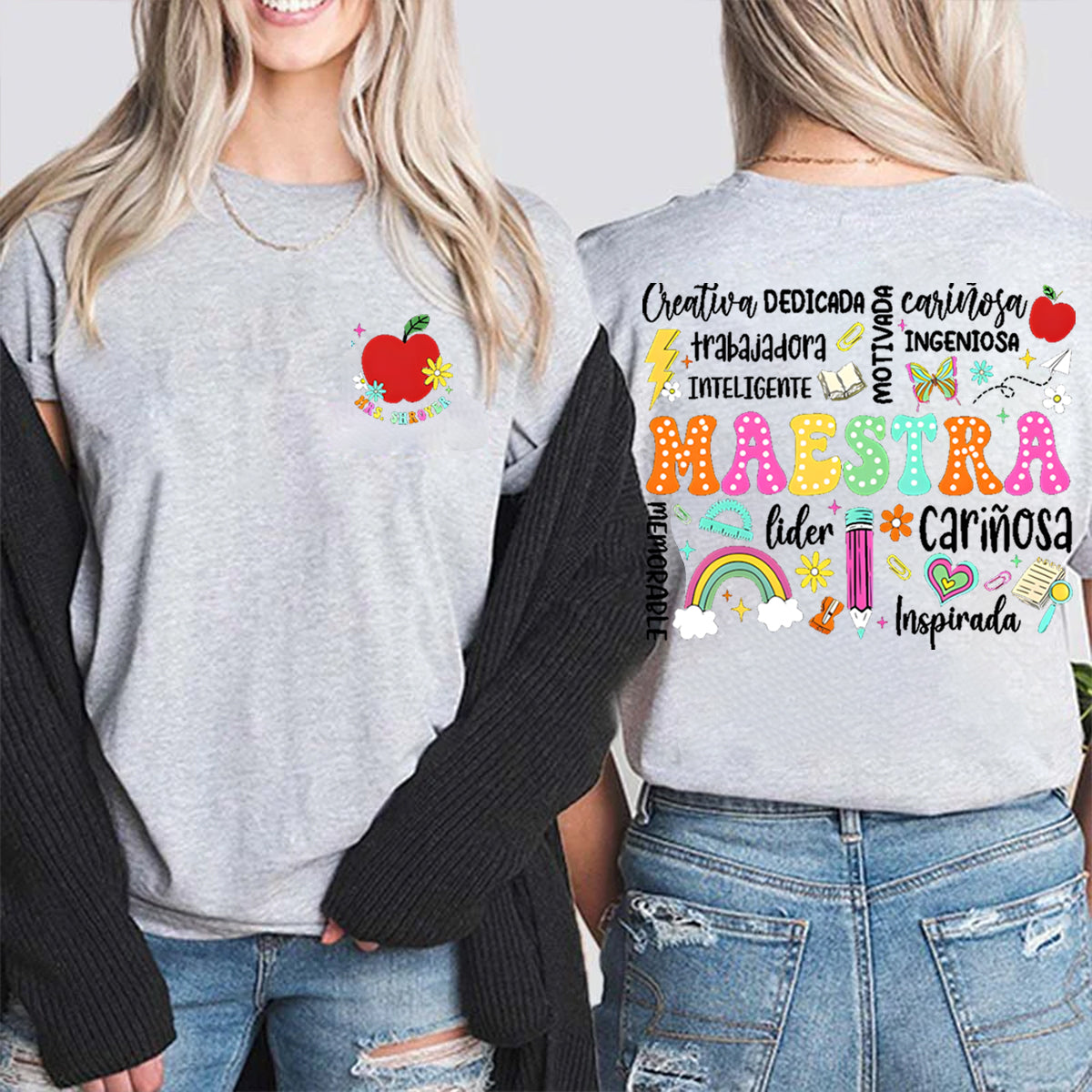 Personalized Name Book And Apple Double Printed T-shirt