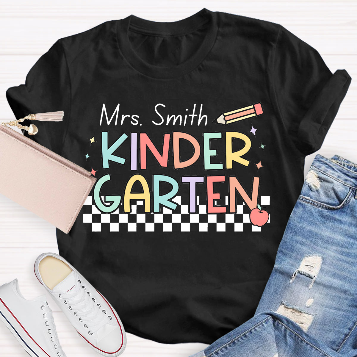 Personalized Name And Grade Checkerboard Teacher T-Shirt