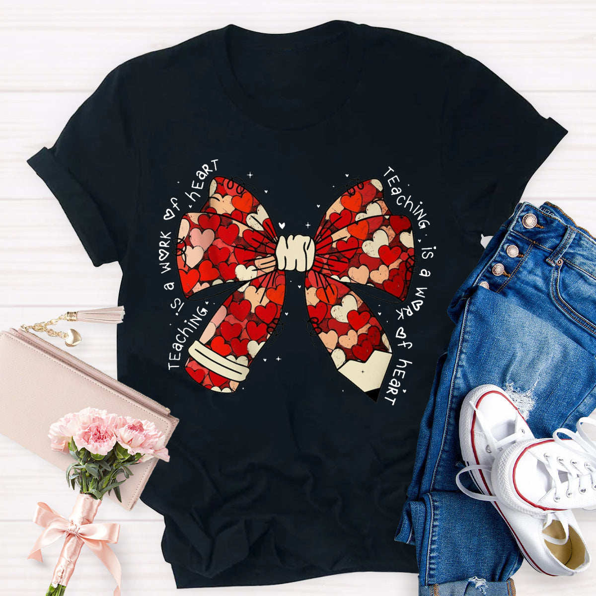 Teacher Valentine Coquette Bow Pencil T-Shirt
