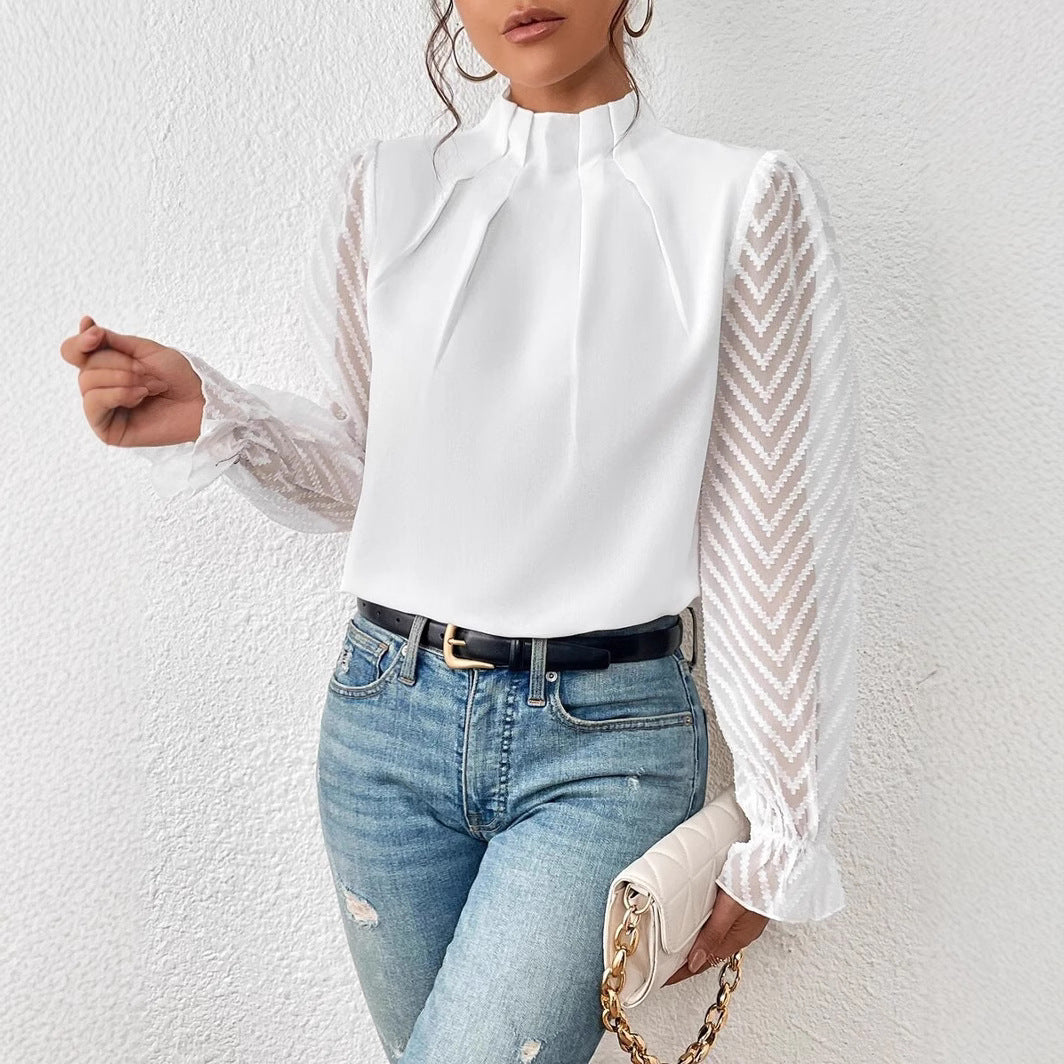 High Collar Patchwork Wavy Pattern Chiffon Long Sleeves Shirt