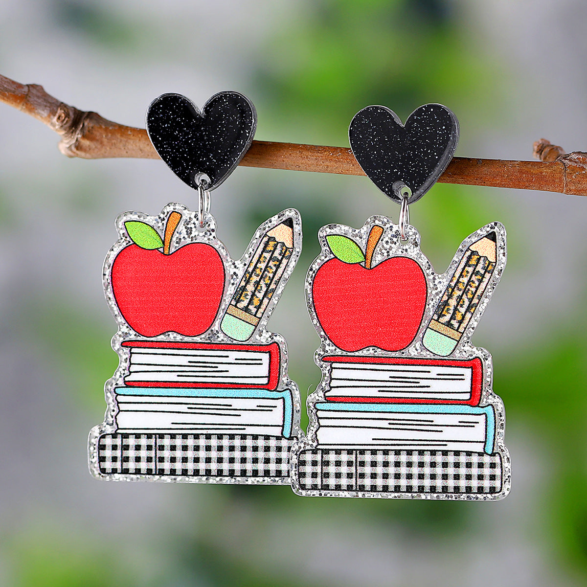Sequined Apple Book Ruler Rainbow Earrings