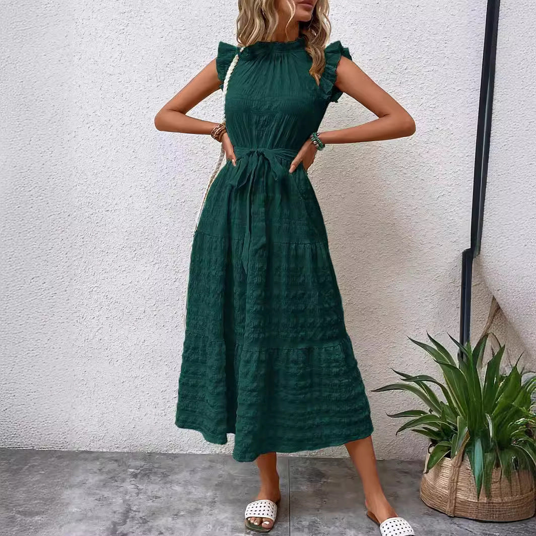 Ruffled Trim Flutter Sleeves Tie-Up Textured Dress